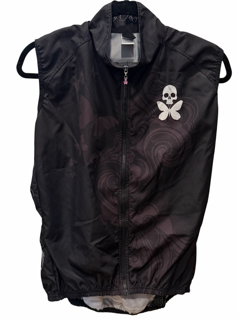 Etsy Designs Cycling Running Black Skull & Butterfly Zip Vest
